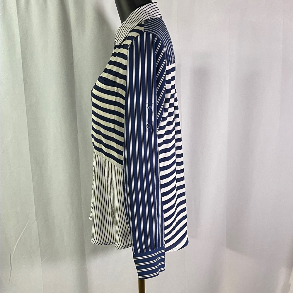 Express Blue Patchwork Stripe Roll-Tab Sleeve But… - image 2